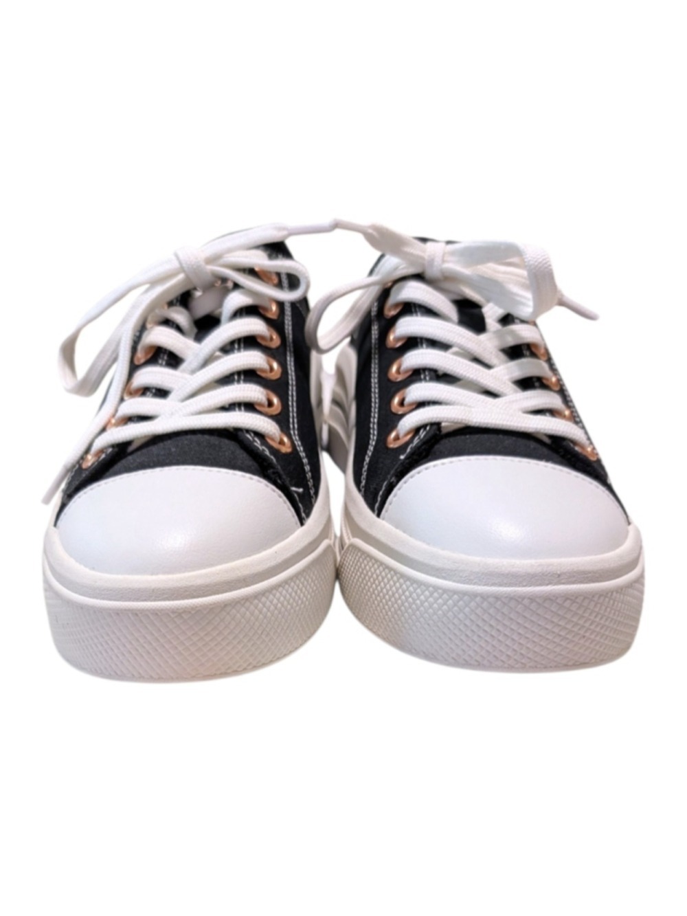 BOBS from Skechers Black White Canvas Sneakers Rose Gold Eyelets - Picture 5 of 9